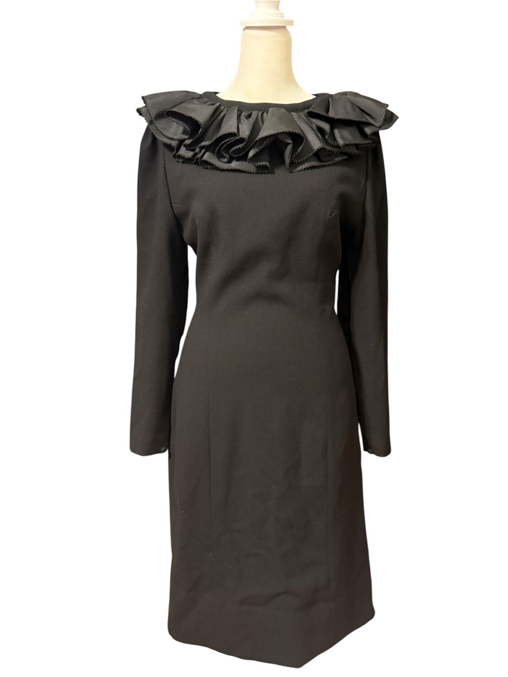 Vintage Lorraine Beauchamp Daymor Black Wool Open Back Ruffle Cocktail Dress - Picture 2 of 8